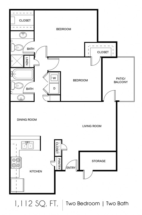 Floor plan for 2 beds, 2 baths, 1112 sqft